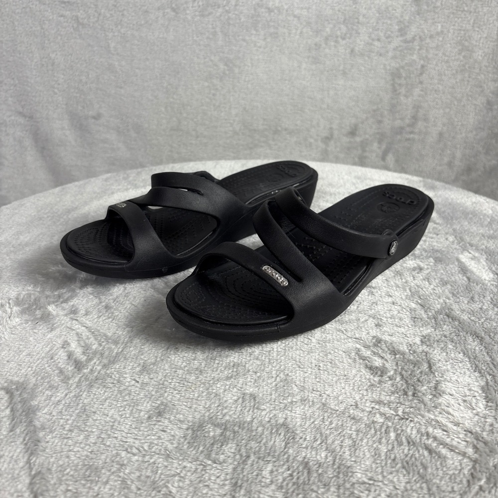 Crocs Sandal Patricia Wedge Size 7 Black Multi-Strap Comfort Slide Wedge